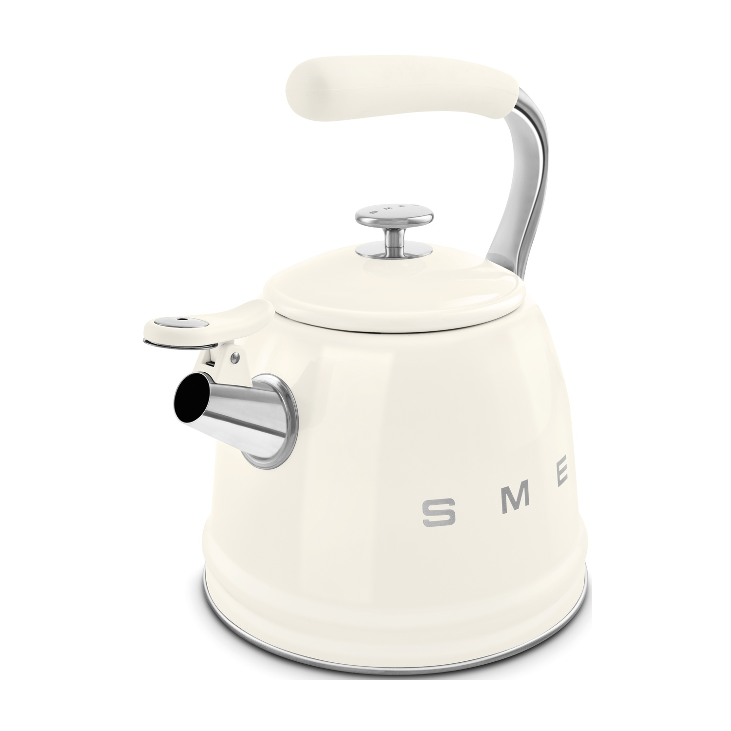 Un bollitore SMEG color crema con manico e coperchio argentati, su sfondo bianco.