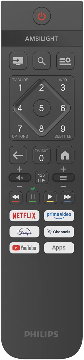 Egy szürke Philips távirányító Ambilight logóval, számbillentyűkkel és app ikonokkal.