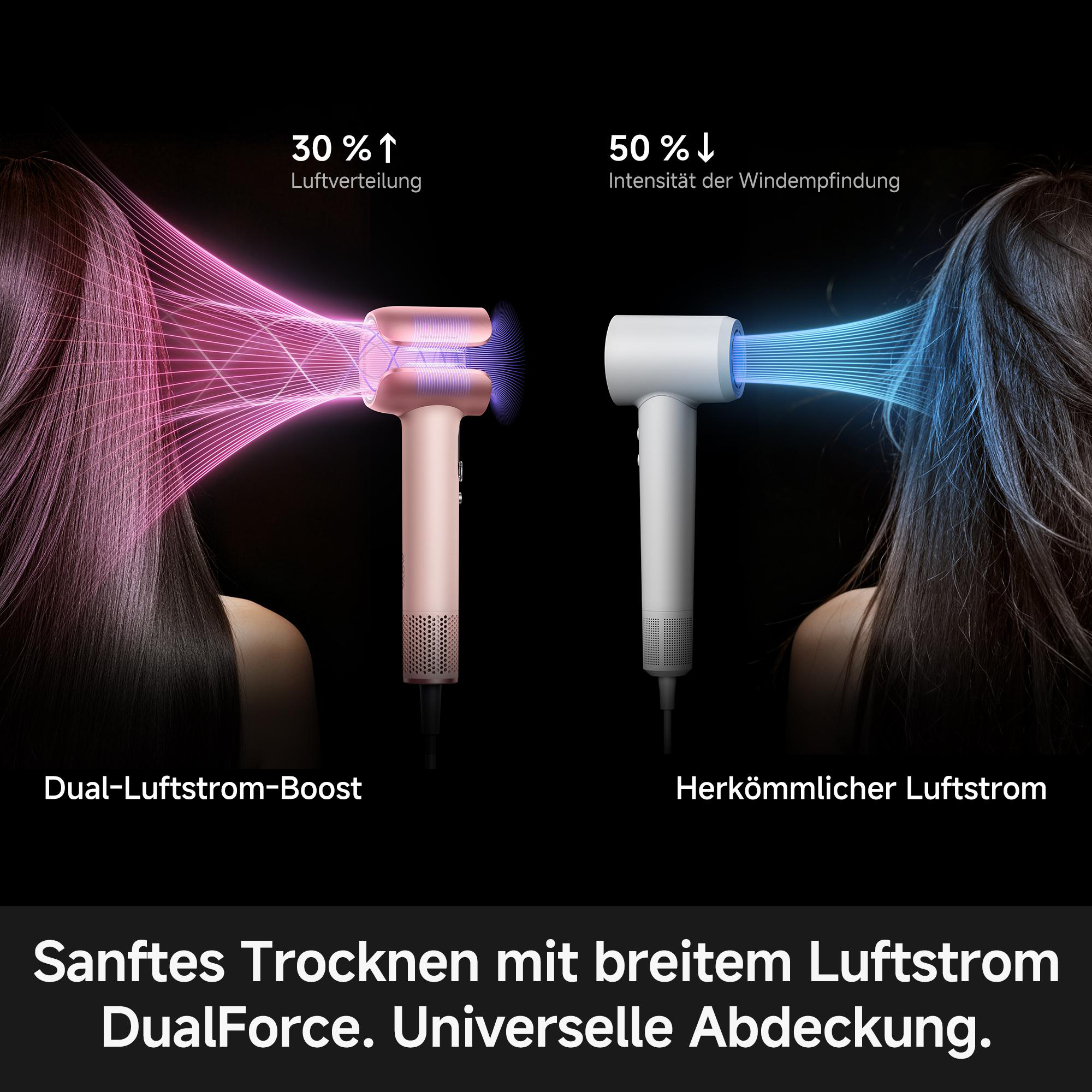 Zwei Haartrockner: rosa mit pinkem Luftstrom, weiß mit blauem. Vergleicht Leistung.