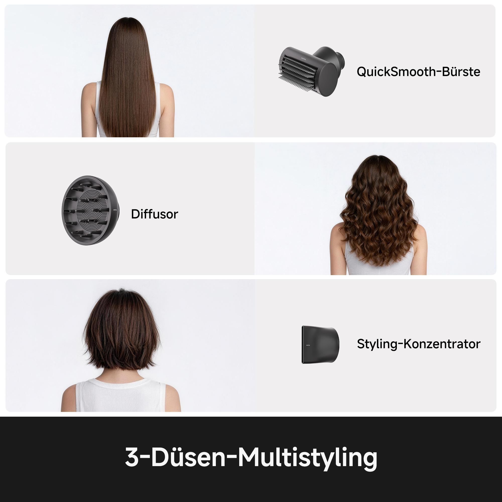Drei Frisuren: glatt, lockig, kurz. Zubehör: Bürste, Diffusor, Konzentrator.