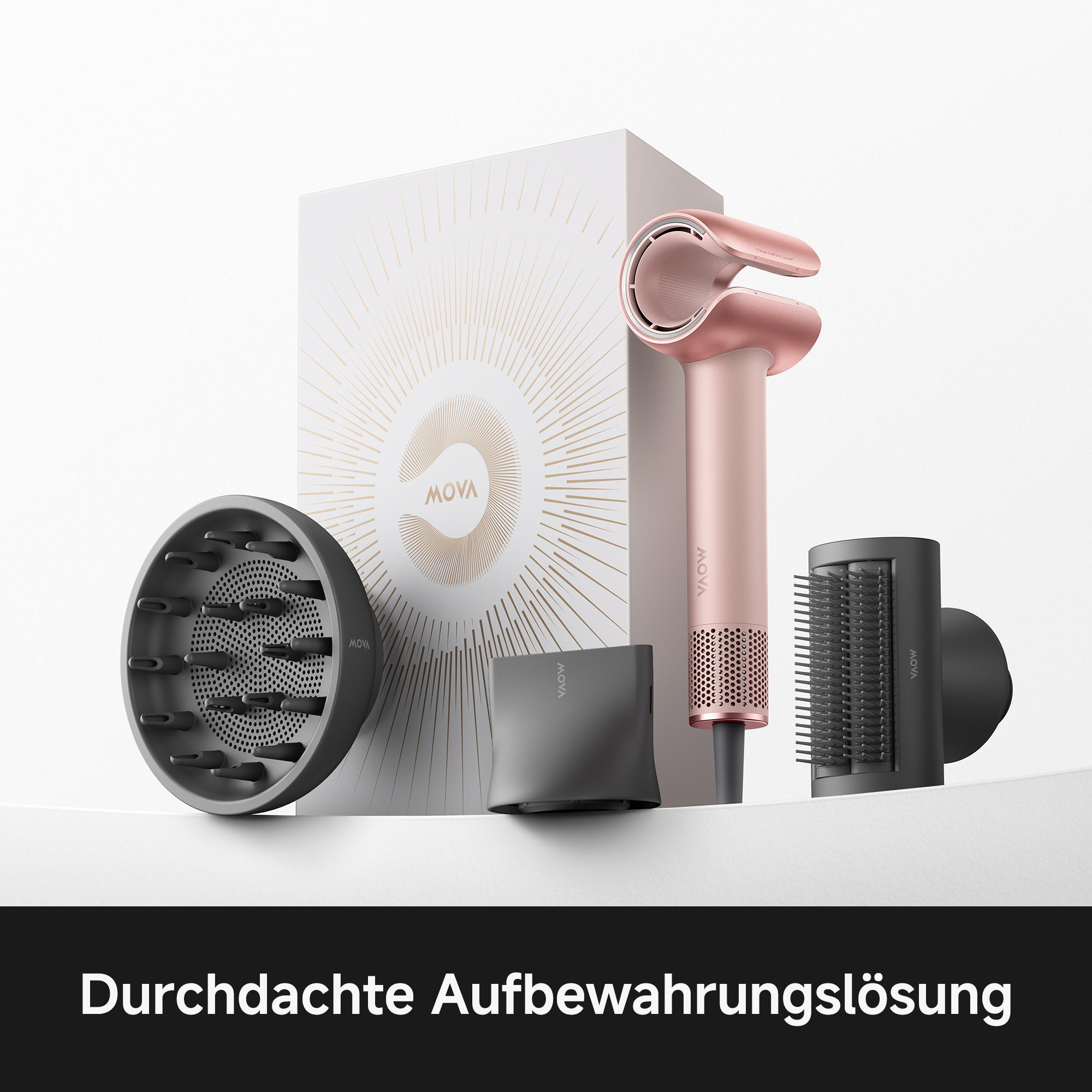 Ein roségoldener Haartrockner mit Zubehör und Verpackung.