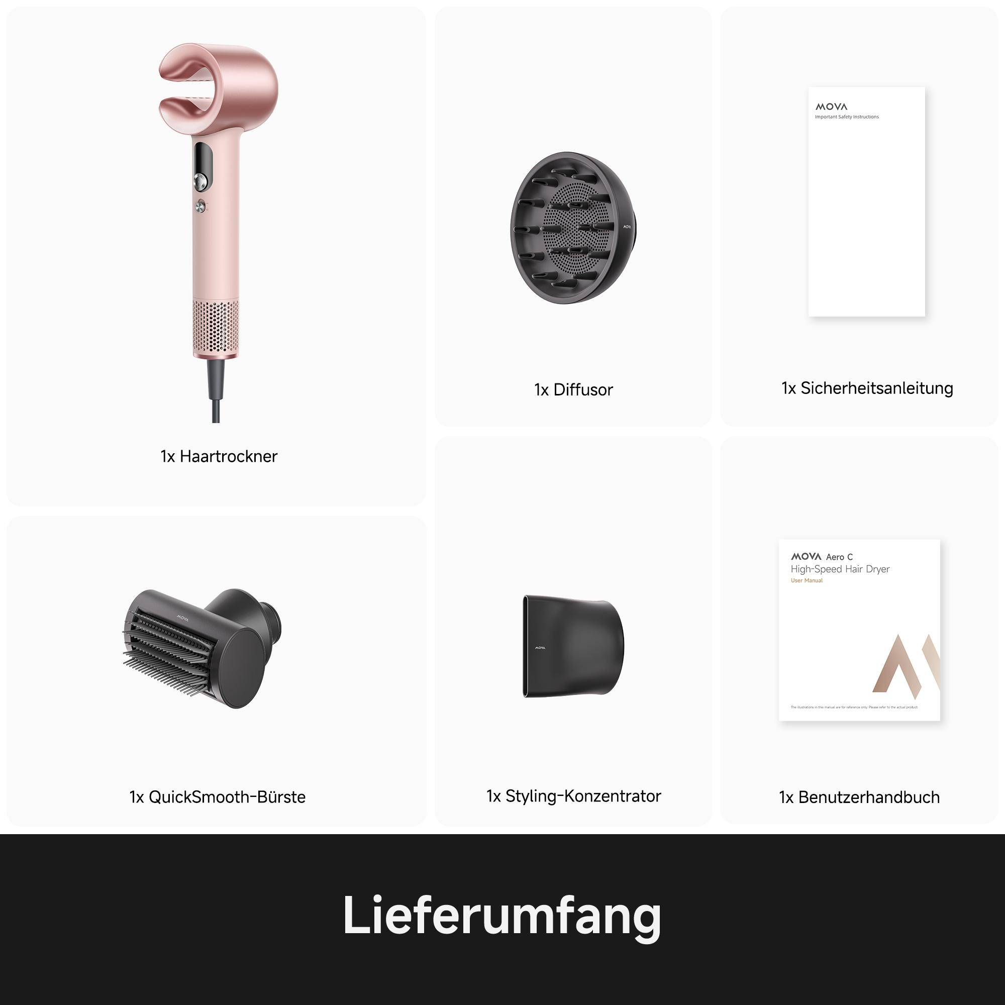 Ein roségoldener Haartrockner mit Zubehör: Diffusor, Bürste, Konzentrator, Anleitungen.