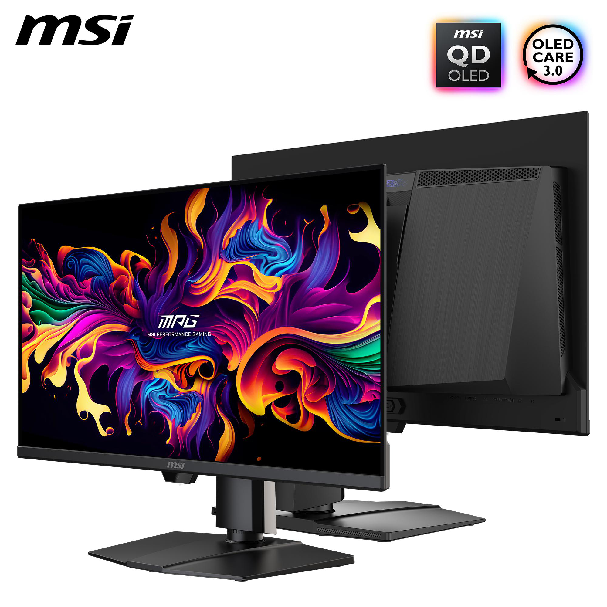 MSI Gaming Monitor mit lebendigem, abstraktem Hintergrund und Logos.