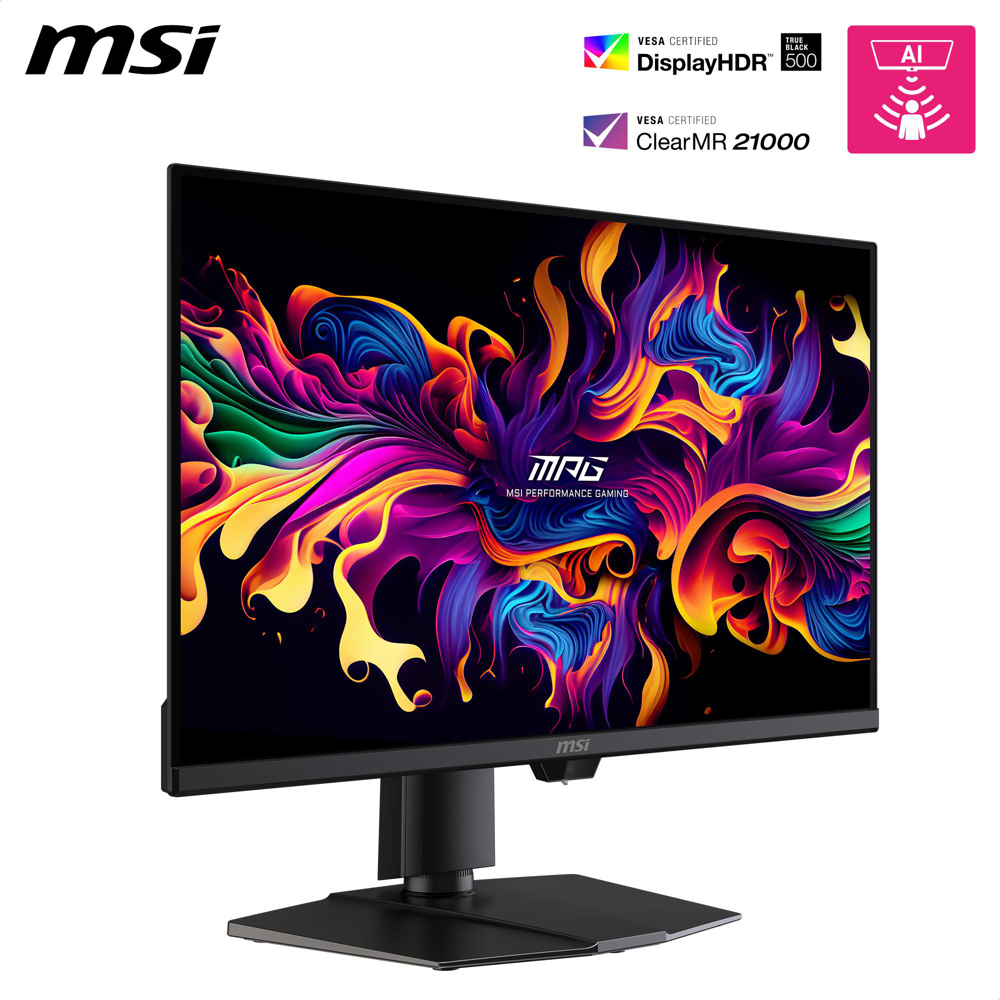 Ein MSI-Monitor mit lebendigem, abstraktem Hintergrund und MSI-Logo.