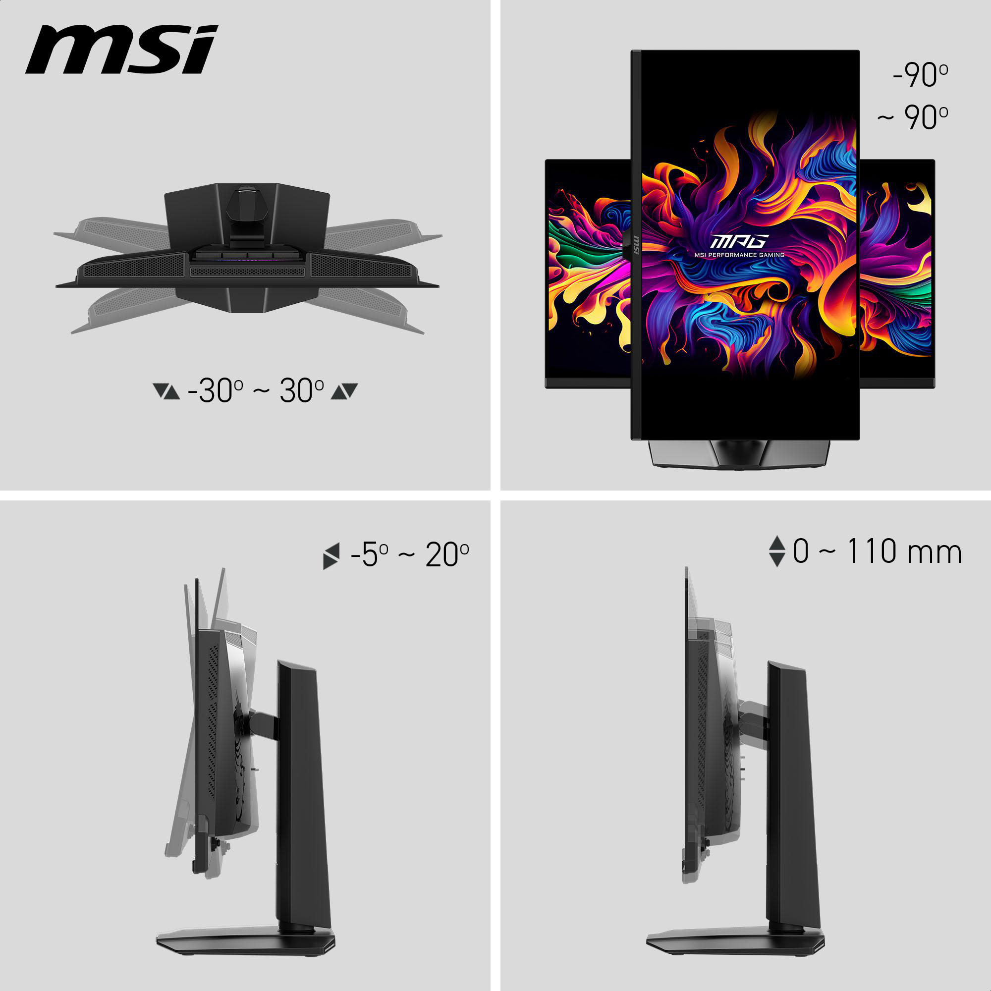 MSI-Monitore: Drehung -30° bis 30°, Neigung -5° bis 20°, Höhenverstellung 0-110mm.