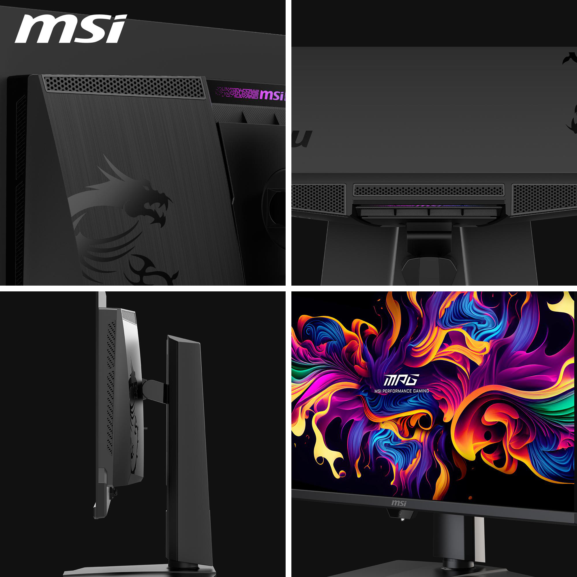 MSI Monitor mit Drachenlogo, Seitenansicht und lebendiger abstrakter Tapete.