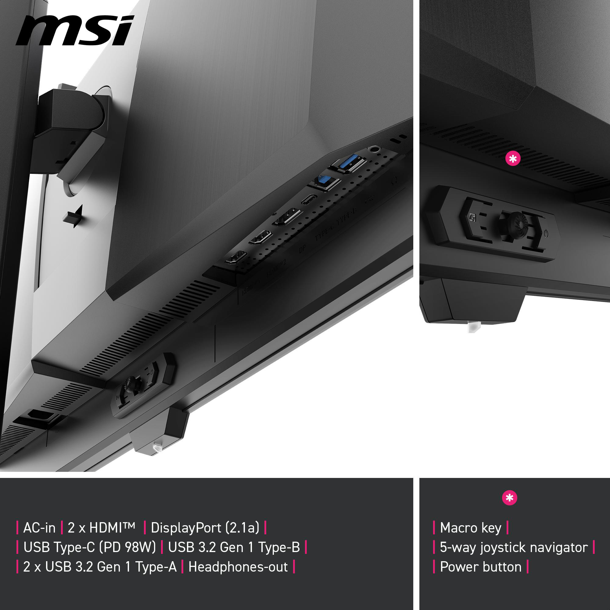 Rückseite eines MSI-Monitors mit Anschlüssen: AC-in, 2x HDMI, DisplayPort, USB-C, USB-A, Kopfhörerausgang.