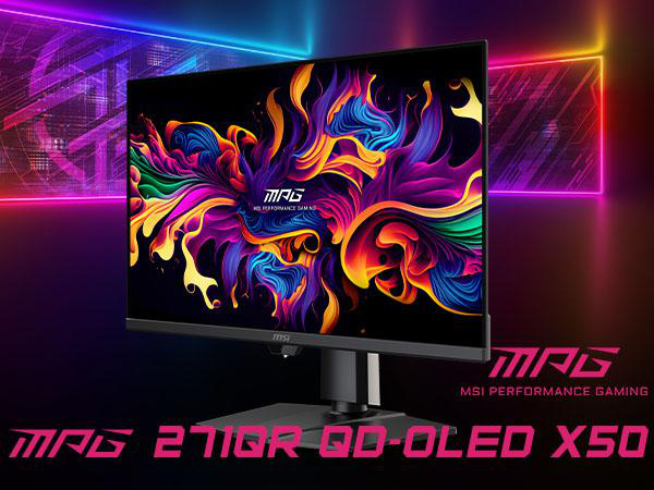 Ein MSI Gaming-Monitor mit lebendigem, abstraktem Hintergrund und Neonlichtern.
