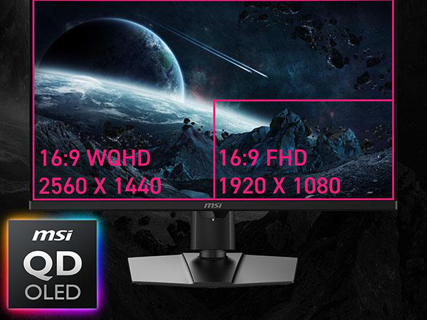 MSI-Monitor zeigt Weltraumszene. Links 16:9 WQHD 2560x1440, rechts 16:9 FHD 1920x1080.