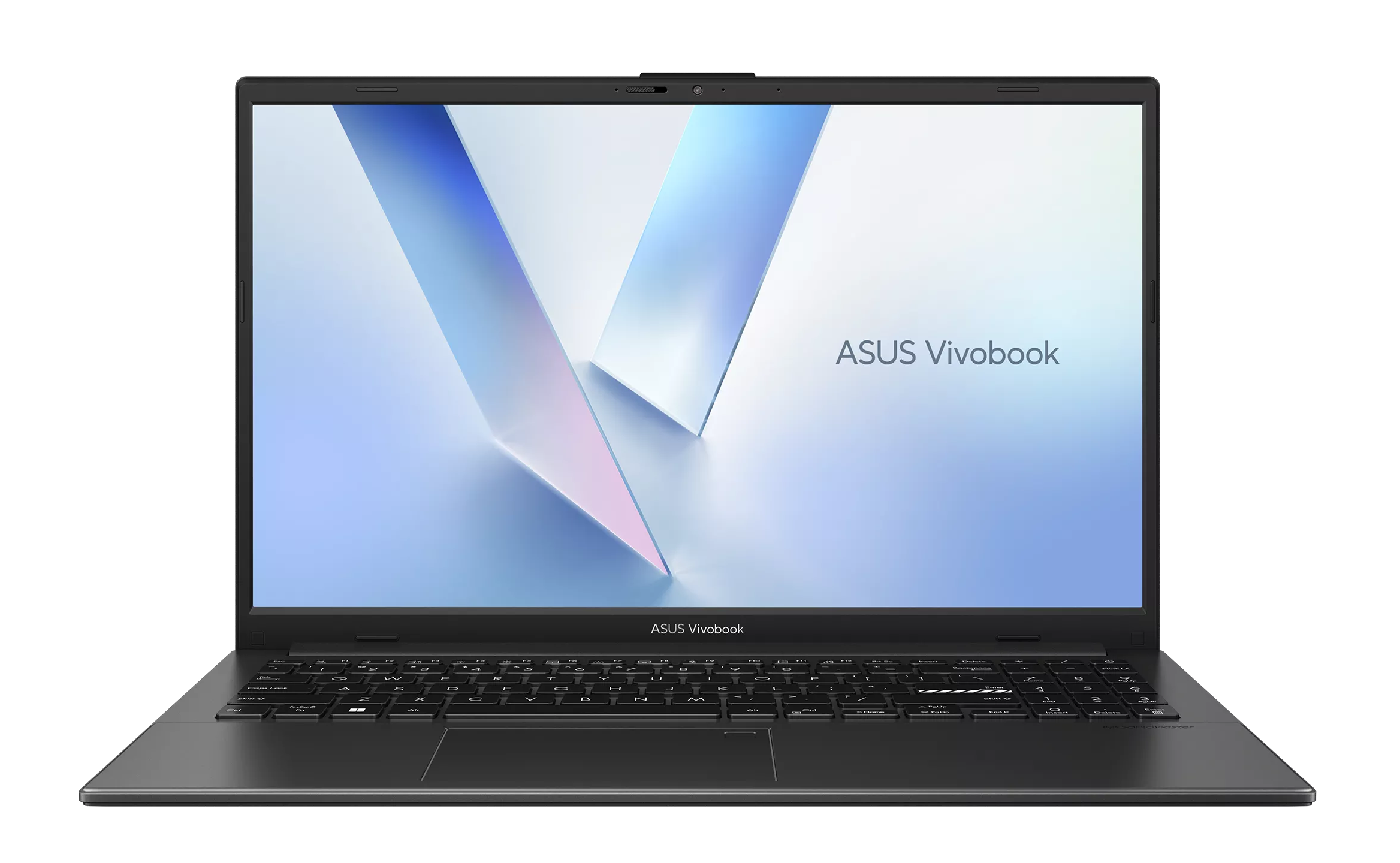 Zamknięty czarny laptop Asus Vivobook z podświetlonym ekranem.