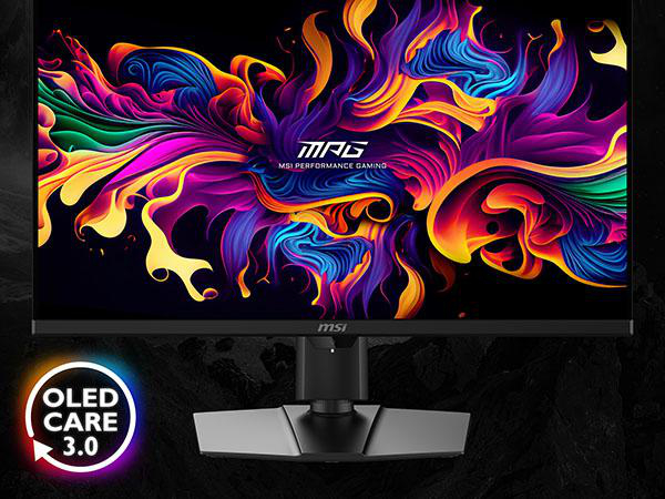Ein MSI-Gaming-Monitor mit lebendigem, abstraktem Hintergrund und OLED CARE 3.0-Logo.