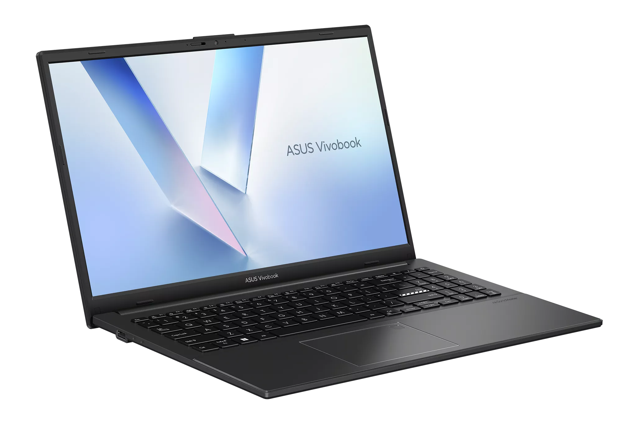 Otwarty, ciemny laptop z logo ASUS Vivobook na ekranie.