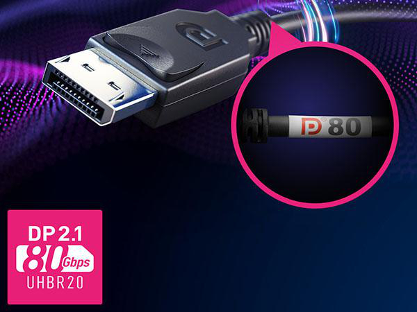 DisplayPort 2.1 Kabel mit 80 Gbps UHBR20. Nahaufnahme zeigt DP 80.