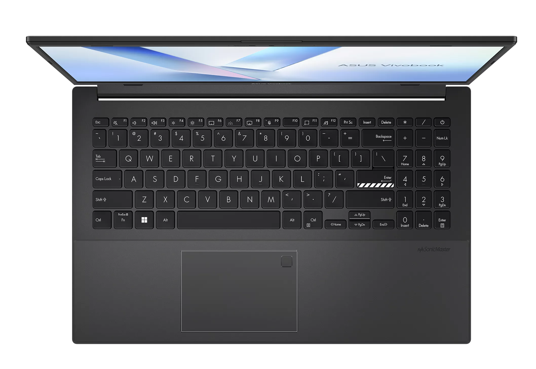 Czarny laptop ASUS Vivobook widziany z góry, z podświetlonym ekranem.