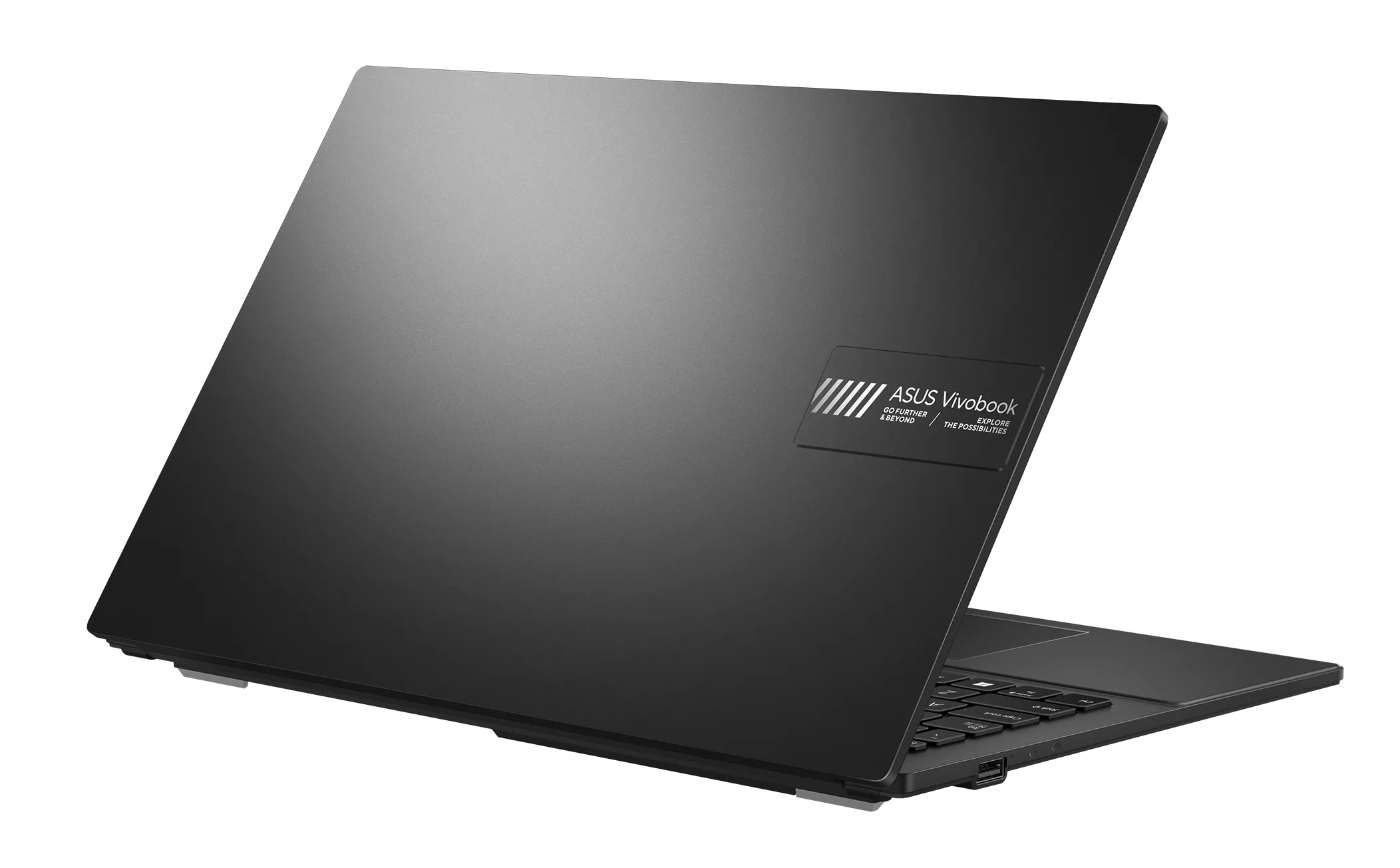 Zamknięty, czarny laptop ASUS Vivobook na czarnym tle.