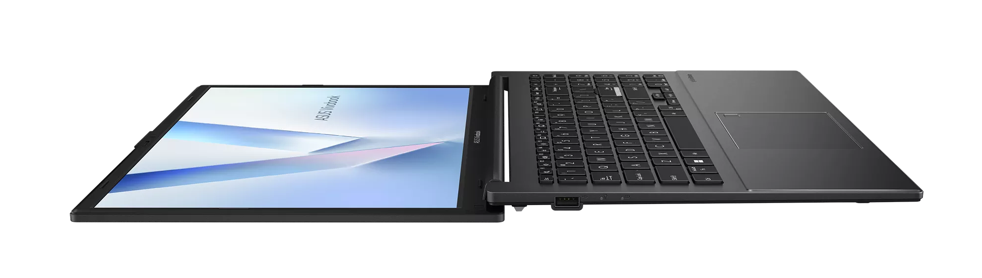 Ciemny laptop z otwartym ekranem na czarnym tle.