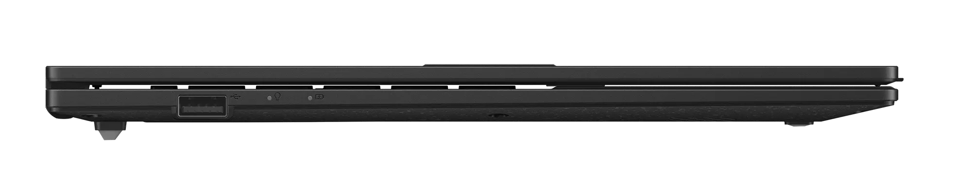 Zamknięty czarny laptop z boku, widoczny port USB i port ładowania.