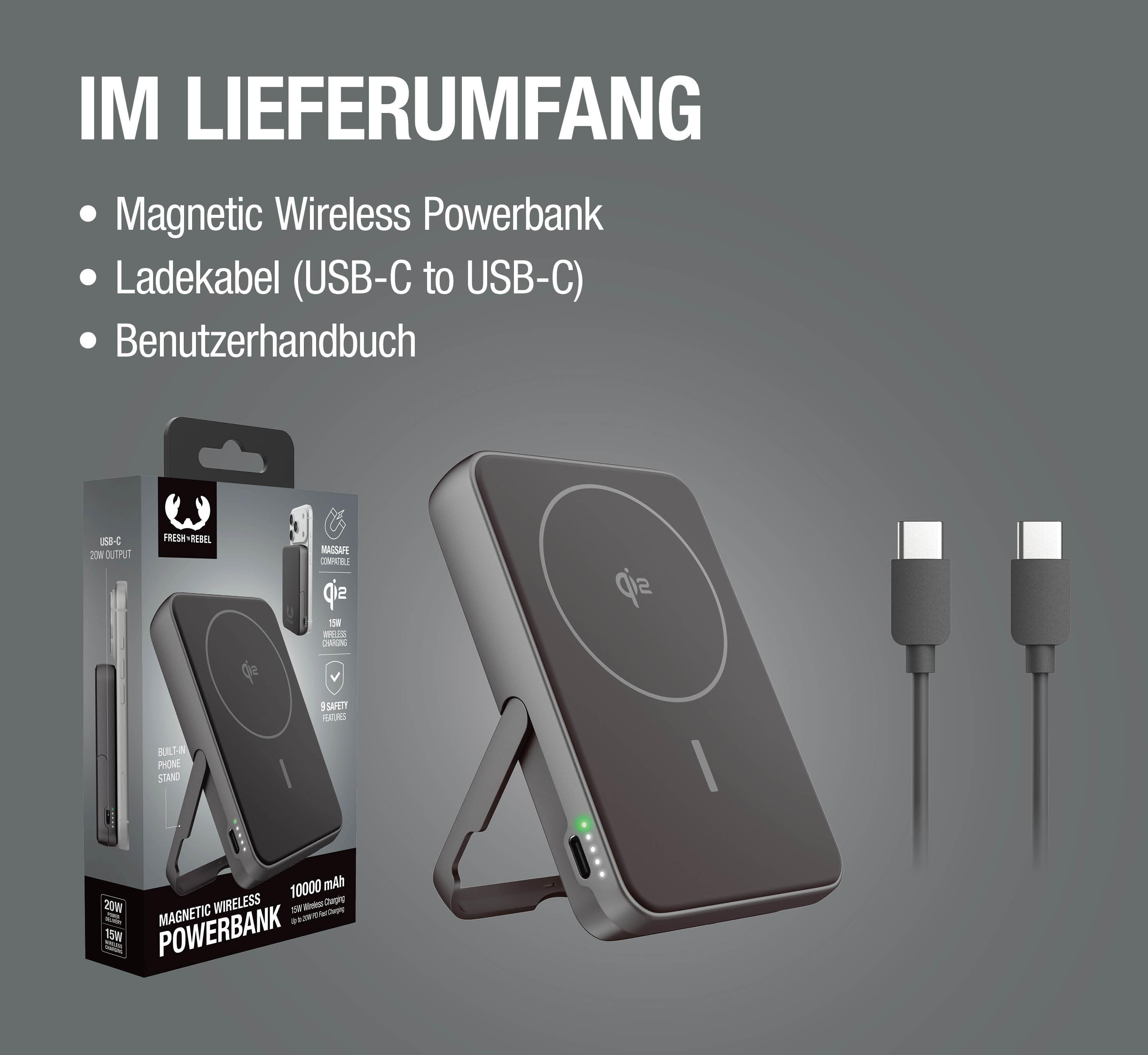 Ein schwarzer magnetischer Wireless Charger mit Ständer und zwei USB-C-Kabeln.