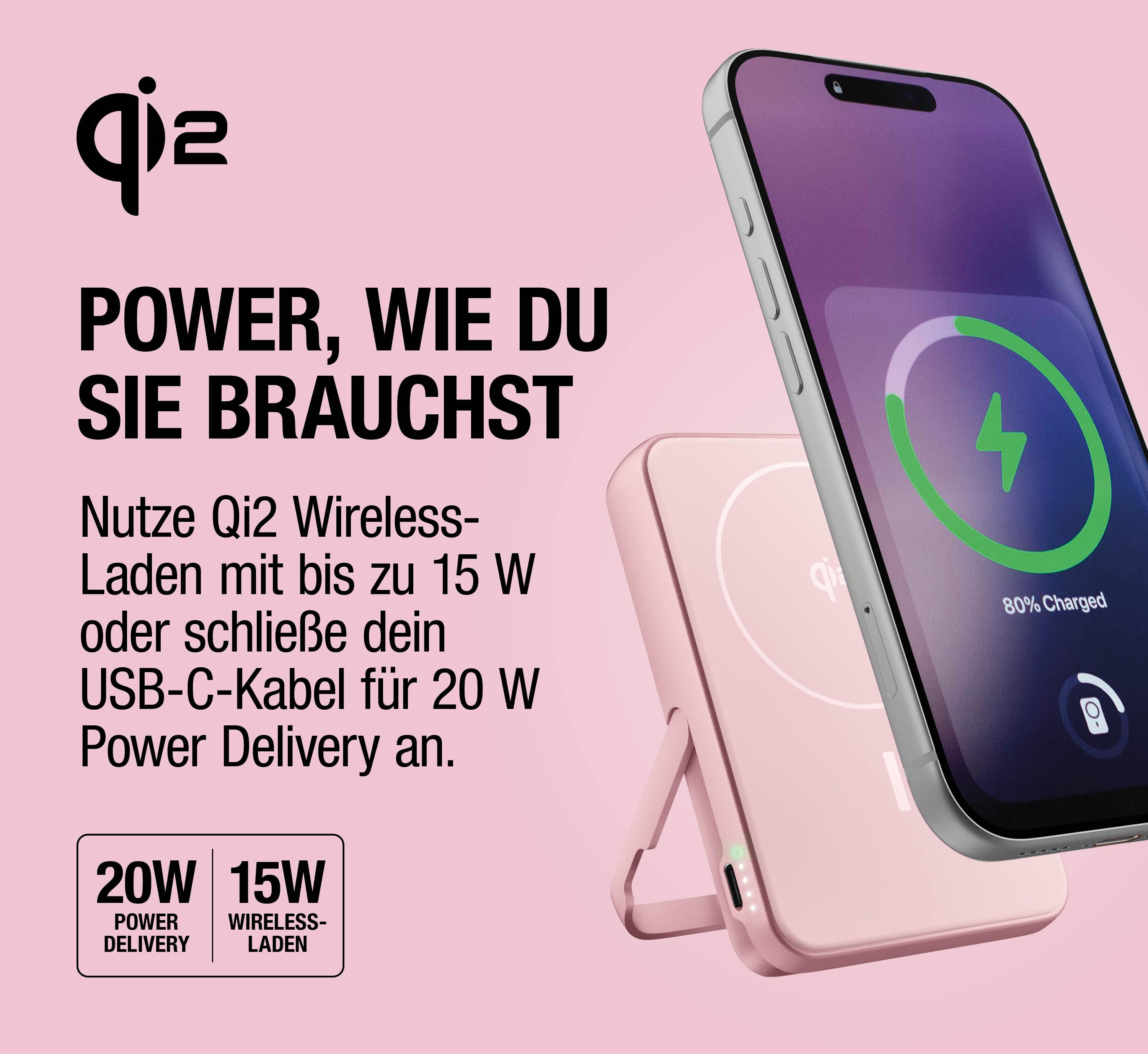 Ein Smartphone lädt kabellos auf einem Qi2-Ladegerät. Text hebt 20W Power Delivery hervor.