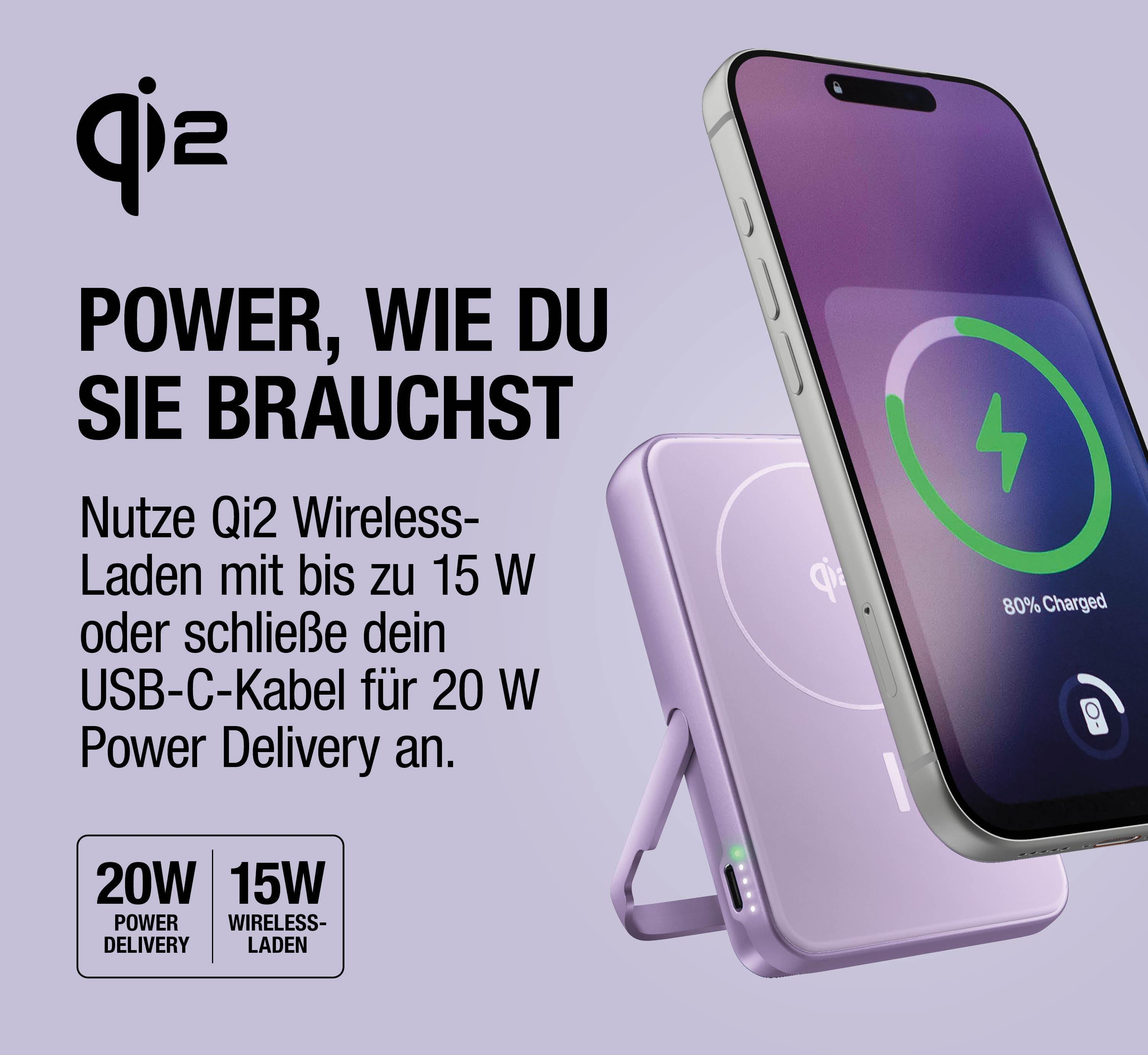 Ein lila Qi2 Ladegerät mit einem iPhone, das zu 80% geladen ist.