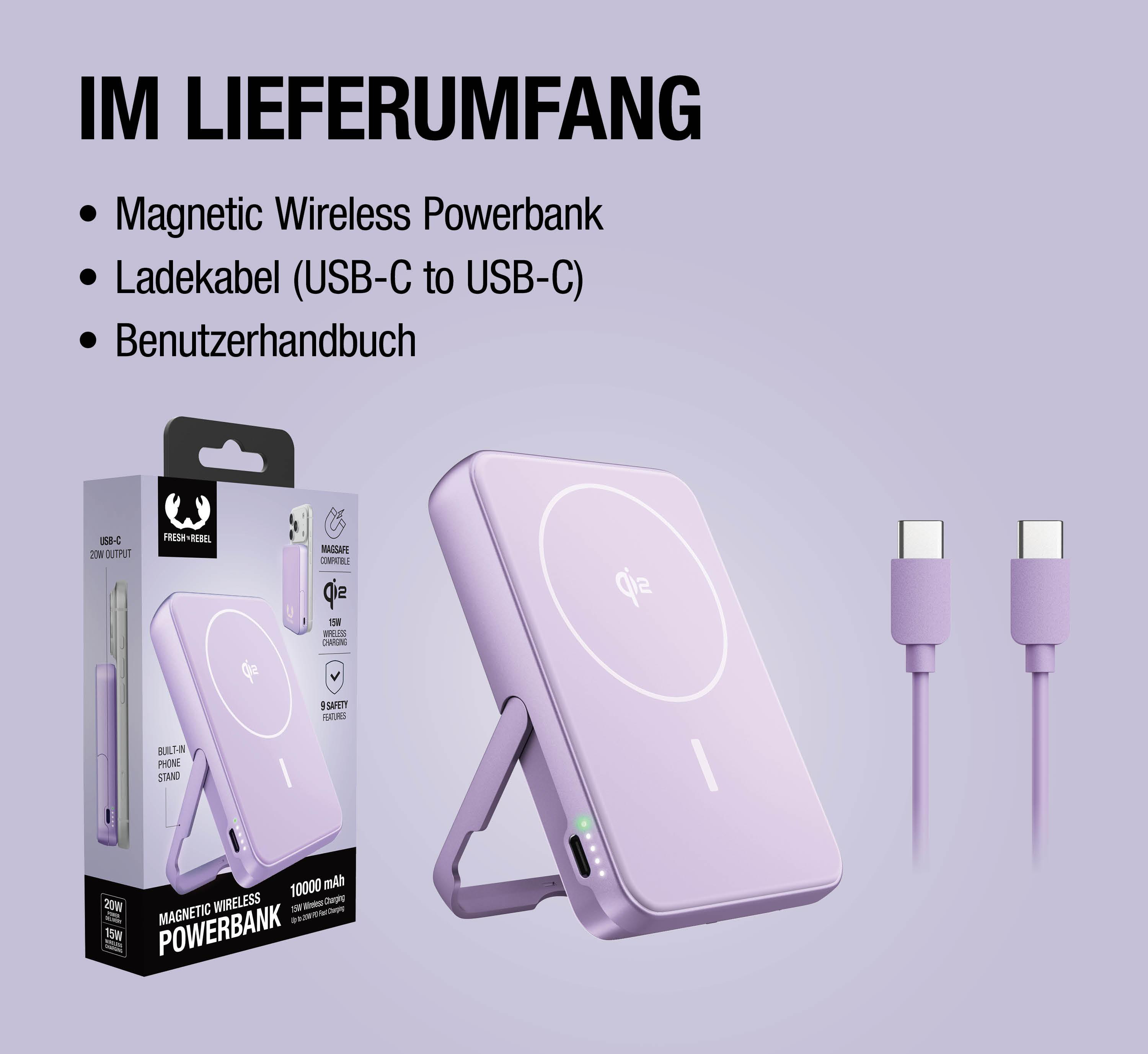 Lila MagSafe Powerbank mit integriertem Ständer, zwei USB-C-Kabel und Verpackung.