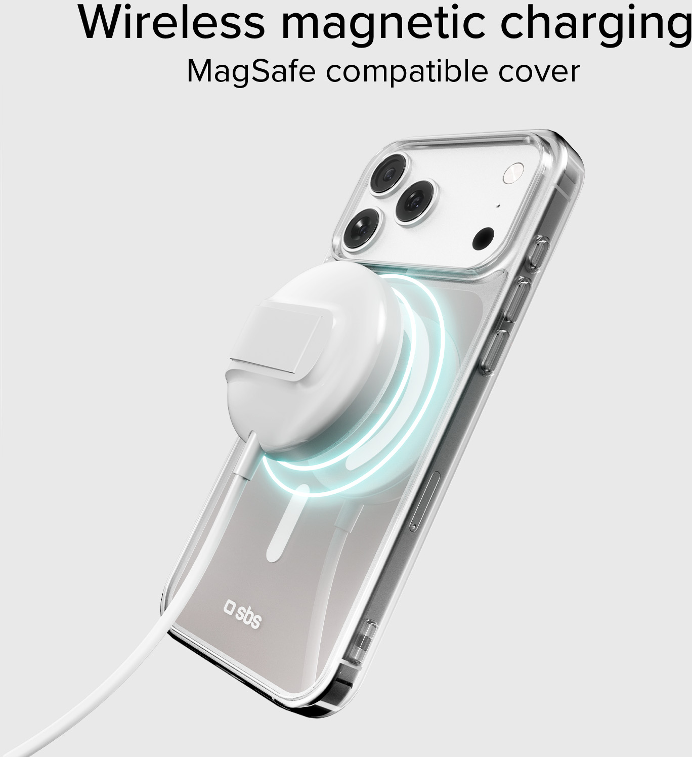 Ein durchsichtiges Handy mit MagSafe-Ladegerät und leuchtenden Ringen.