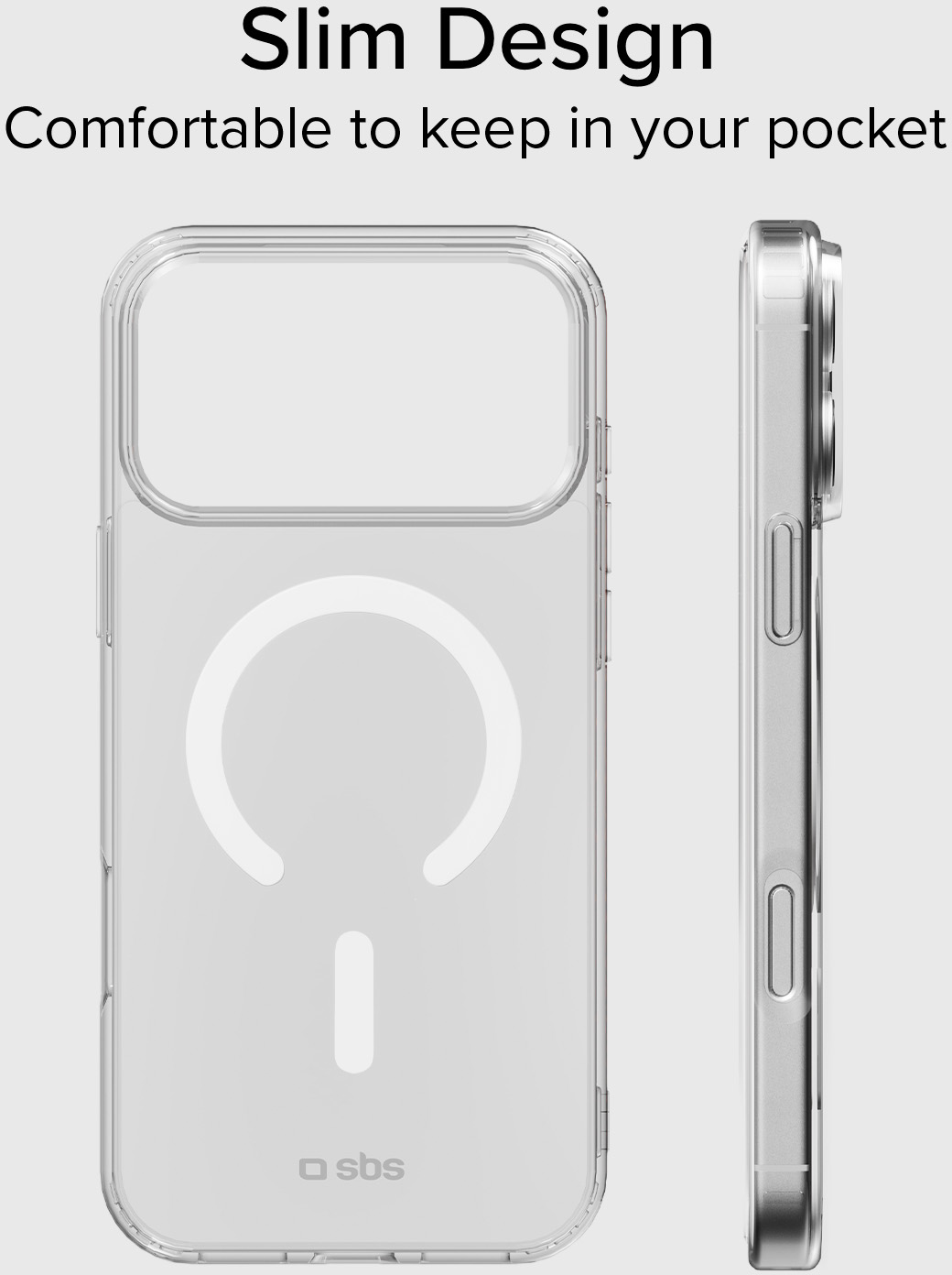 Transparente Handyhülle mit Magnetring-Design, von vorne und der Seite.