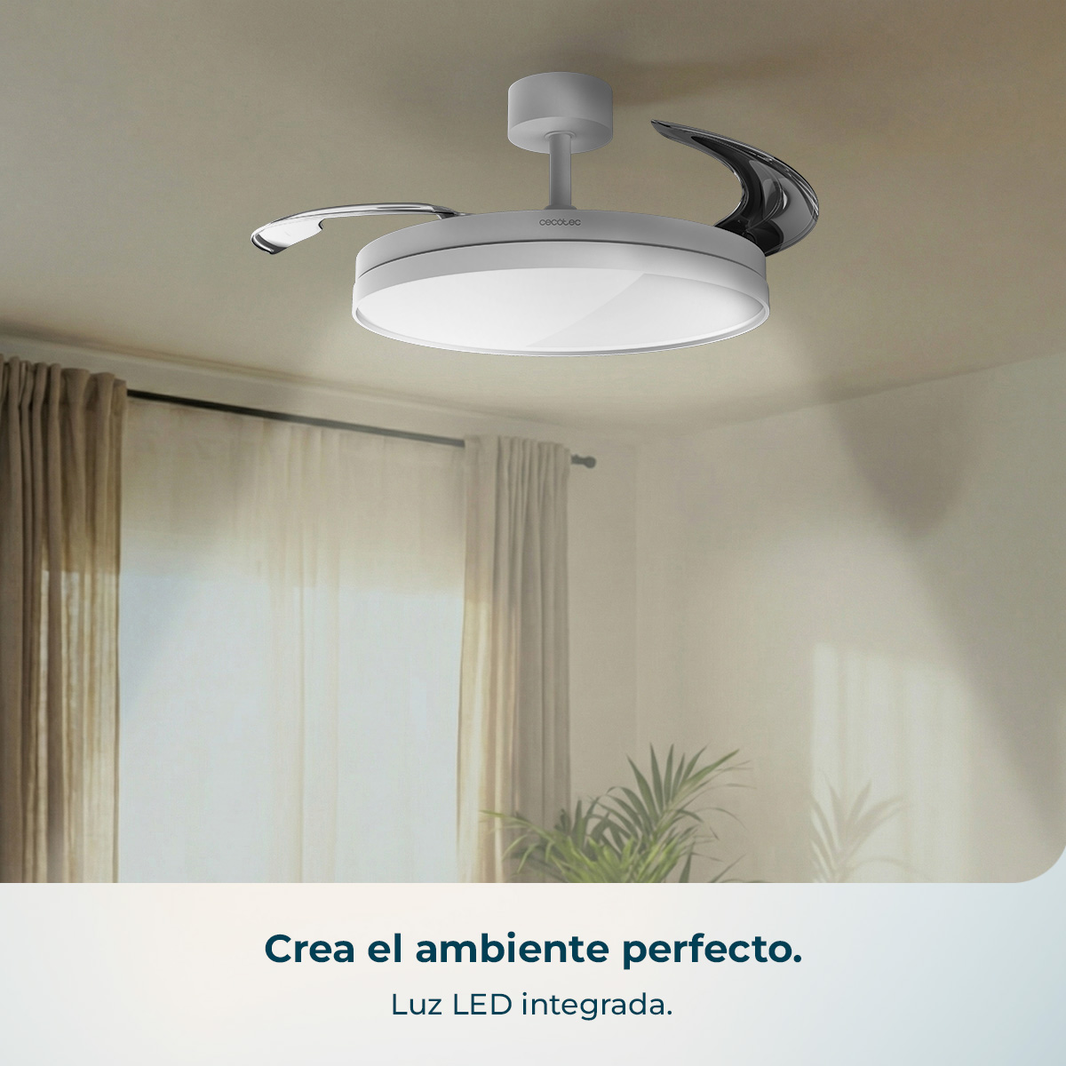 Ventilador de techo moderno con luz LED integrada y aspas retráctiles.