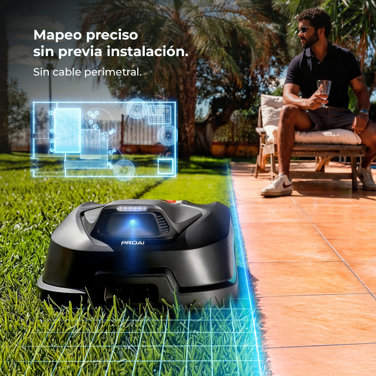 Un robot cortacésped negro sobre césped con un mapa 3D azul del jardín.