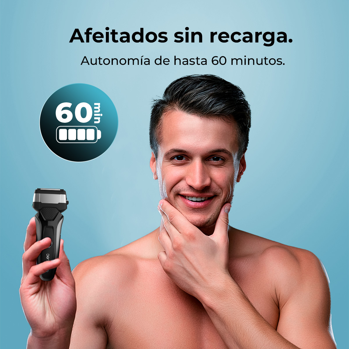 Hombre sosteniendo afeitadora, mostrando 60 min de batería, fondo azul.