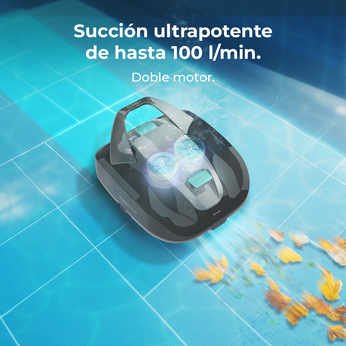 Un limpiador de suelos negro aspira hojas amarillas sobre un suelo azul.