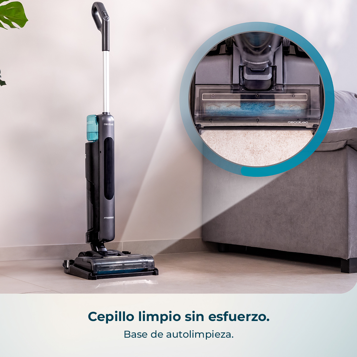 Una limpiadora de suelos negra con depósito de agua y vista detallada del cepillo.