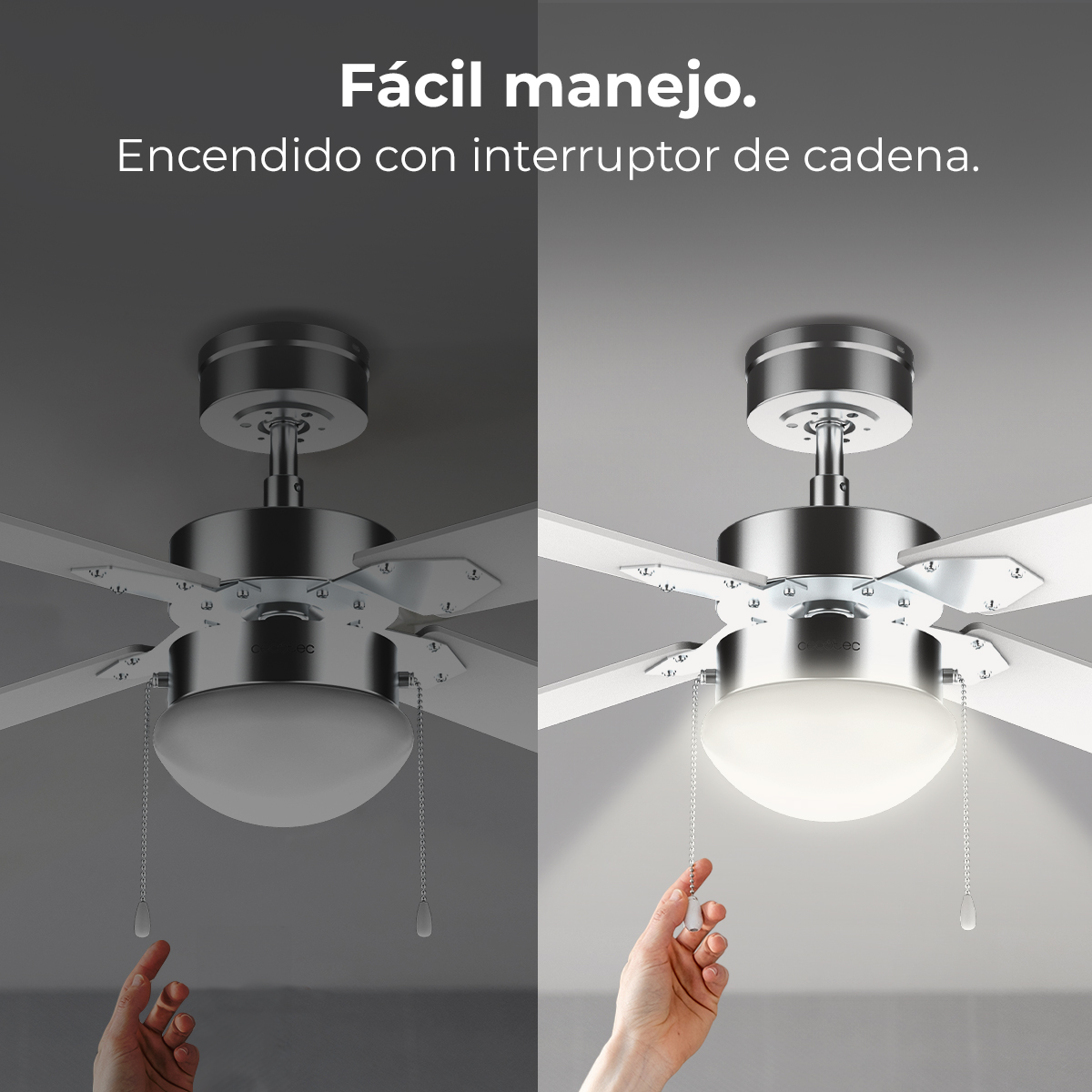 Ventilador de techo con luz, izquierda apagado, derecha encendido.