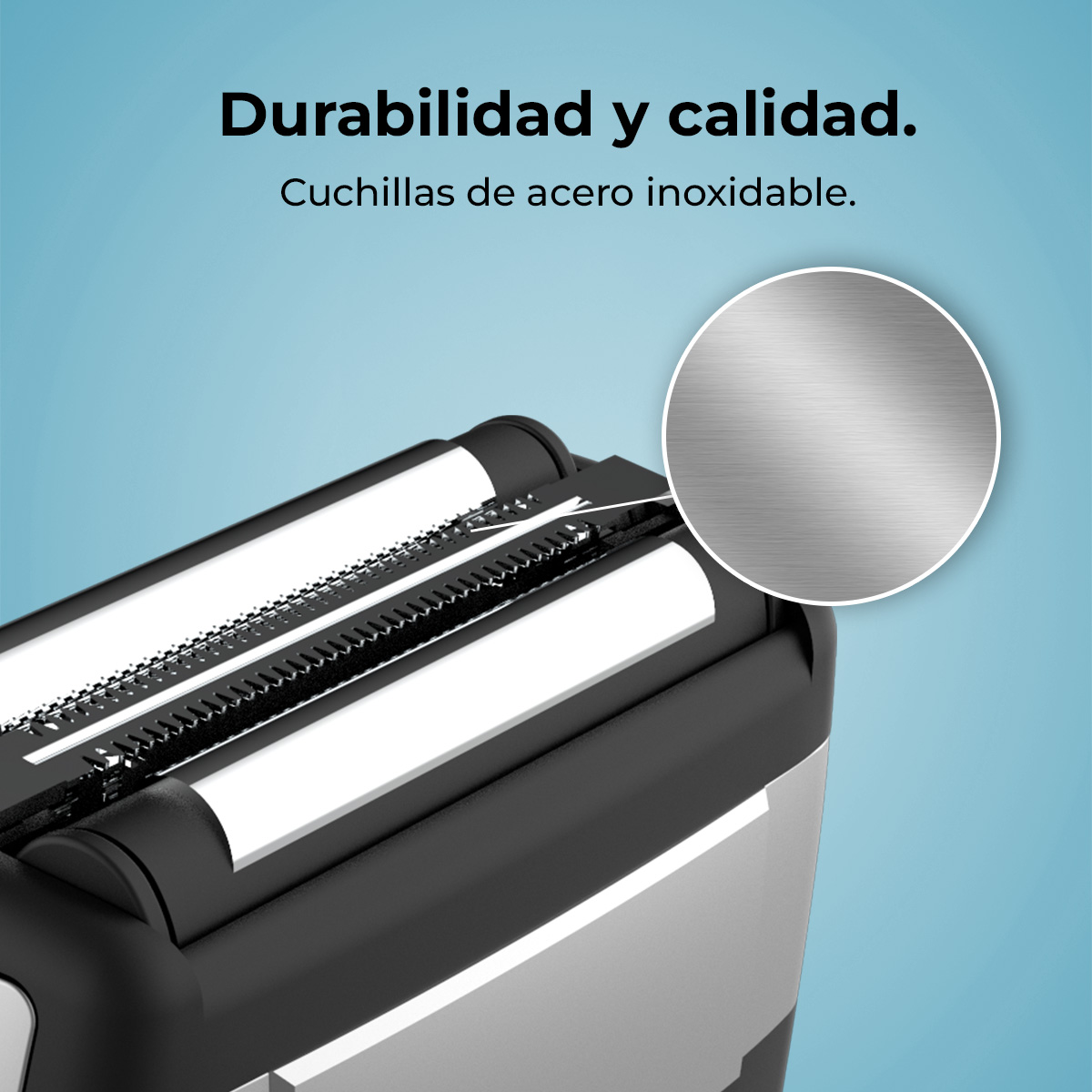 Primer plano de una afeitadora con cuchillas metálicas visibles y una imagen detallada circular.