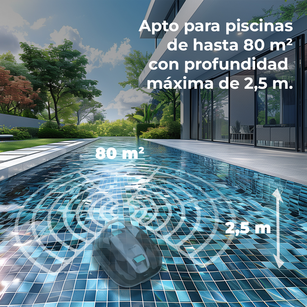 Un robot limpiafondos en una piscina azul, apto para piscinas de hasta 80 m² y 2,5 m.