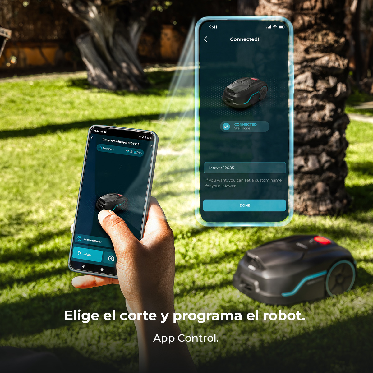 Un móvil muestra una app de robot cortacésped. Un robot cortacésped en el jardín.