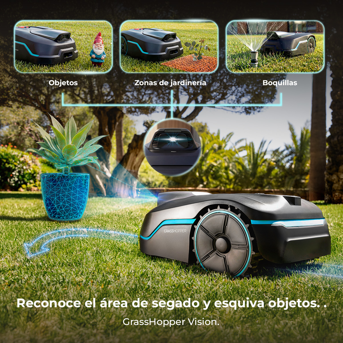 Un robot cortacésped identifica y evita objetos. Muestra funciones como detección y riego.