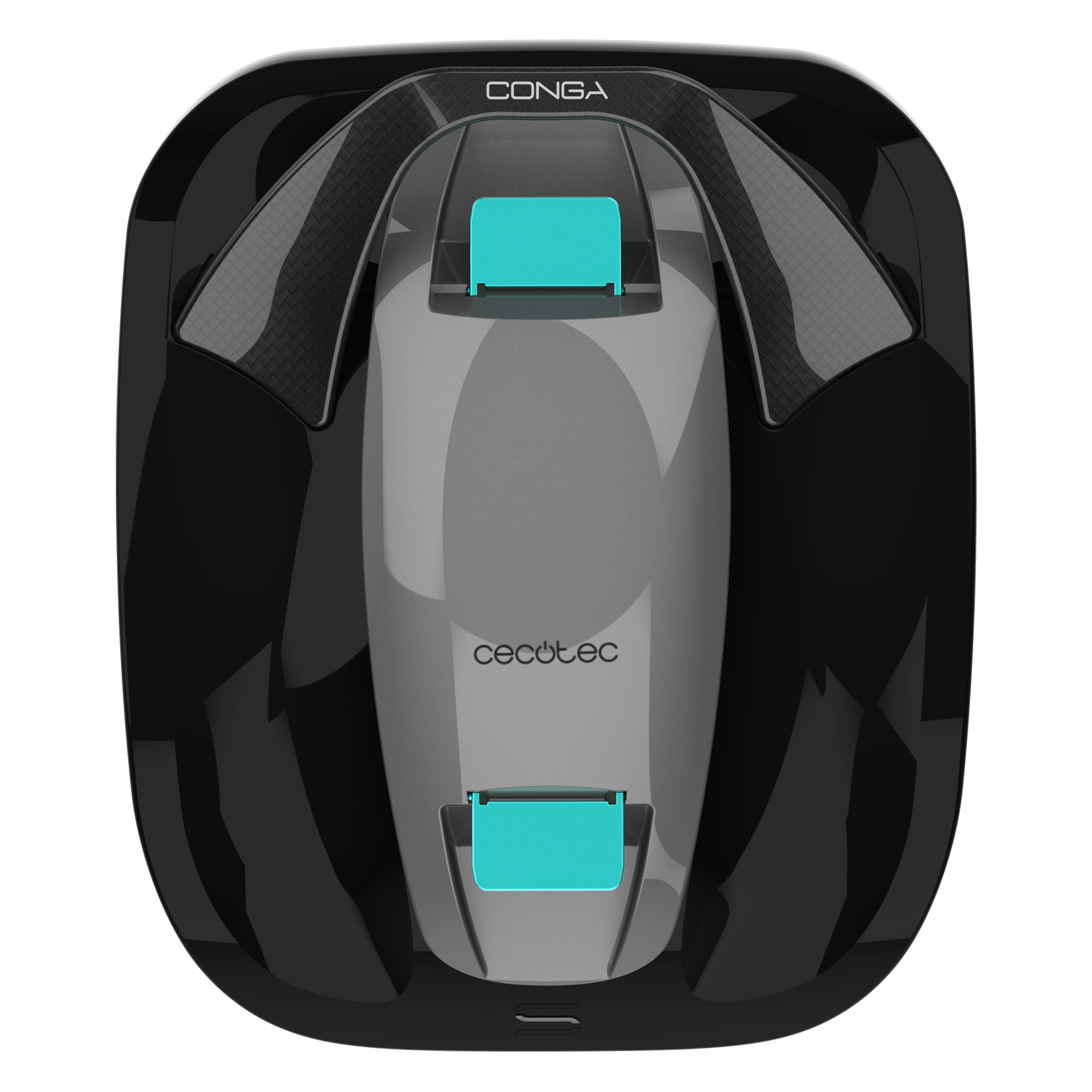 Aspiradora robot negra con detalles azules, vista superior.