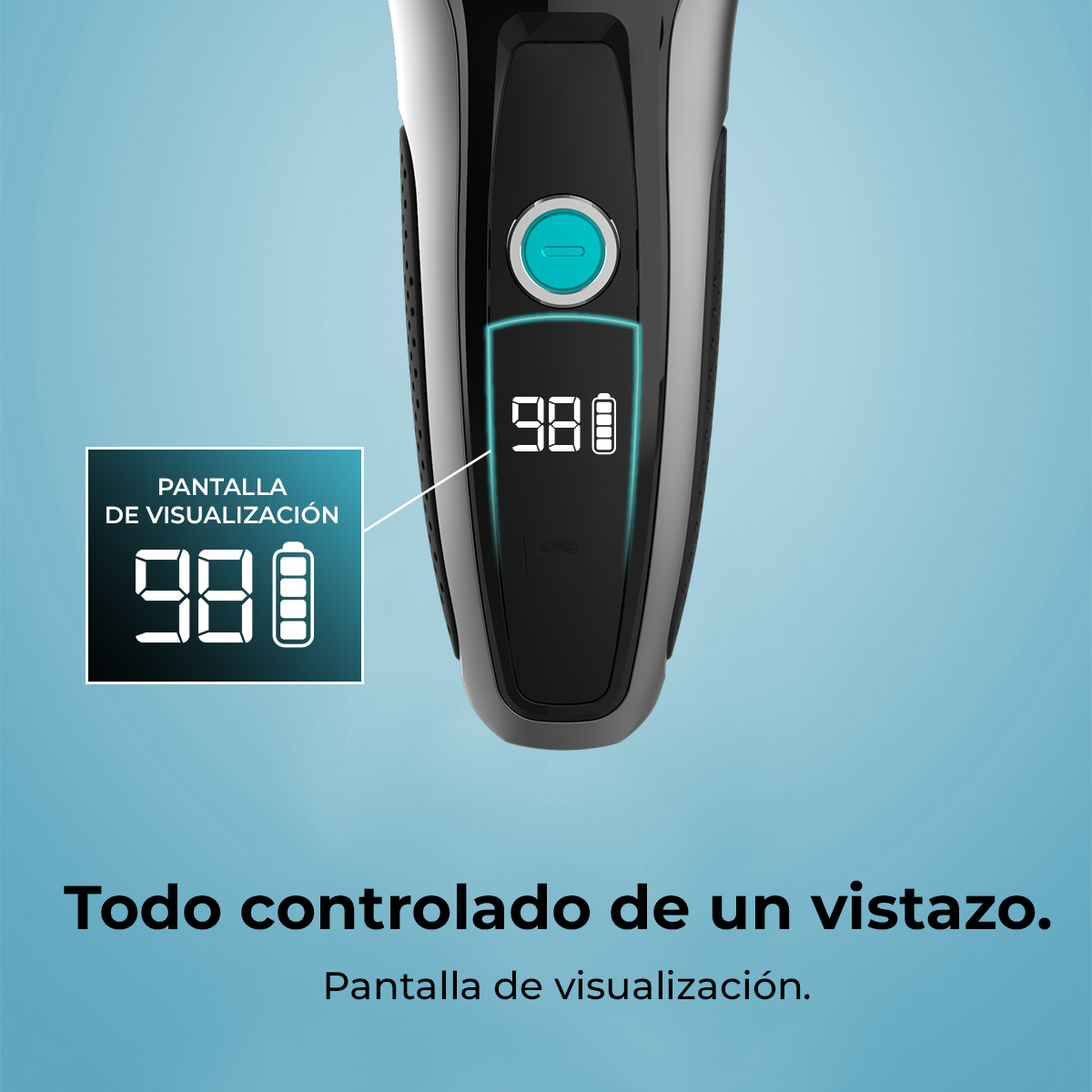 Un afeitadora eléctrica negra con botón azul y pantalla que muestra 98%.