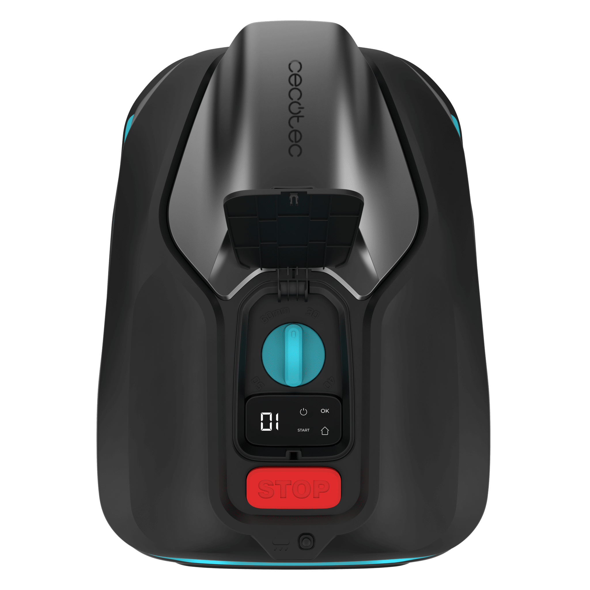 Cortacésped robot negro con acento azul, tapa abierta y botón rojo de parada.