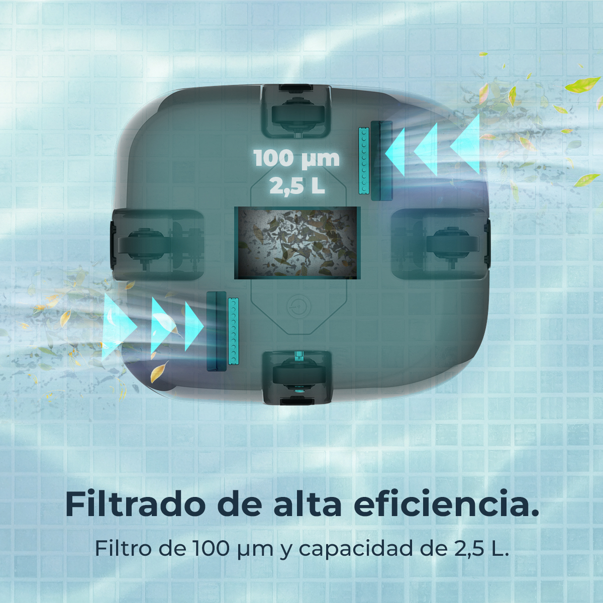 Dispositivo filtra hojas y escombros con 100 µm y 2,5 L.