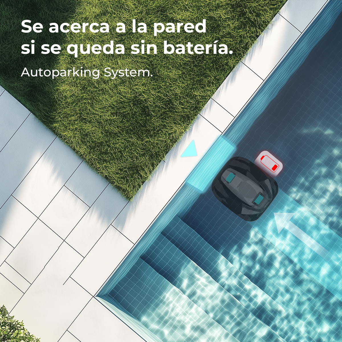 Un robot de piscina con batería baja se acerca al borde.