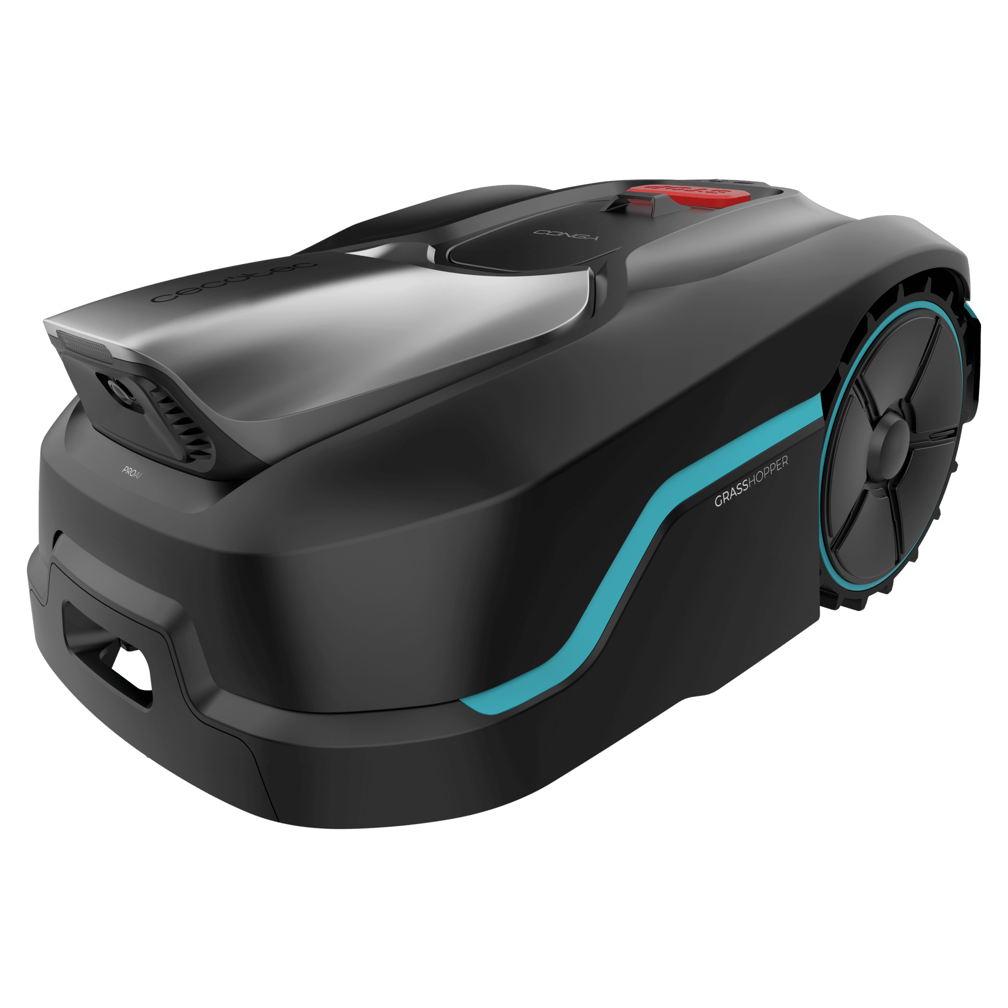 Un robot cortacésped negro con detalles azules y botón rojo sobre fondo verde.