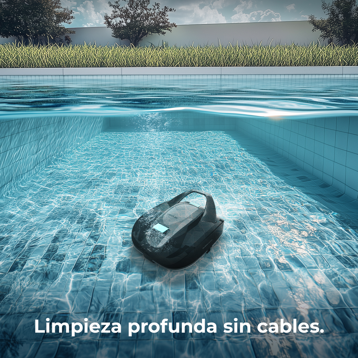 Un robot limpiafondos negro limpia una piscina azul. Césped y árboles al fondo.