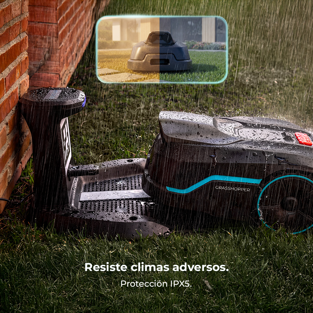 Un robot cortacésped bajo la lluvia, con un recuadro que muestra su resistencia.