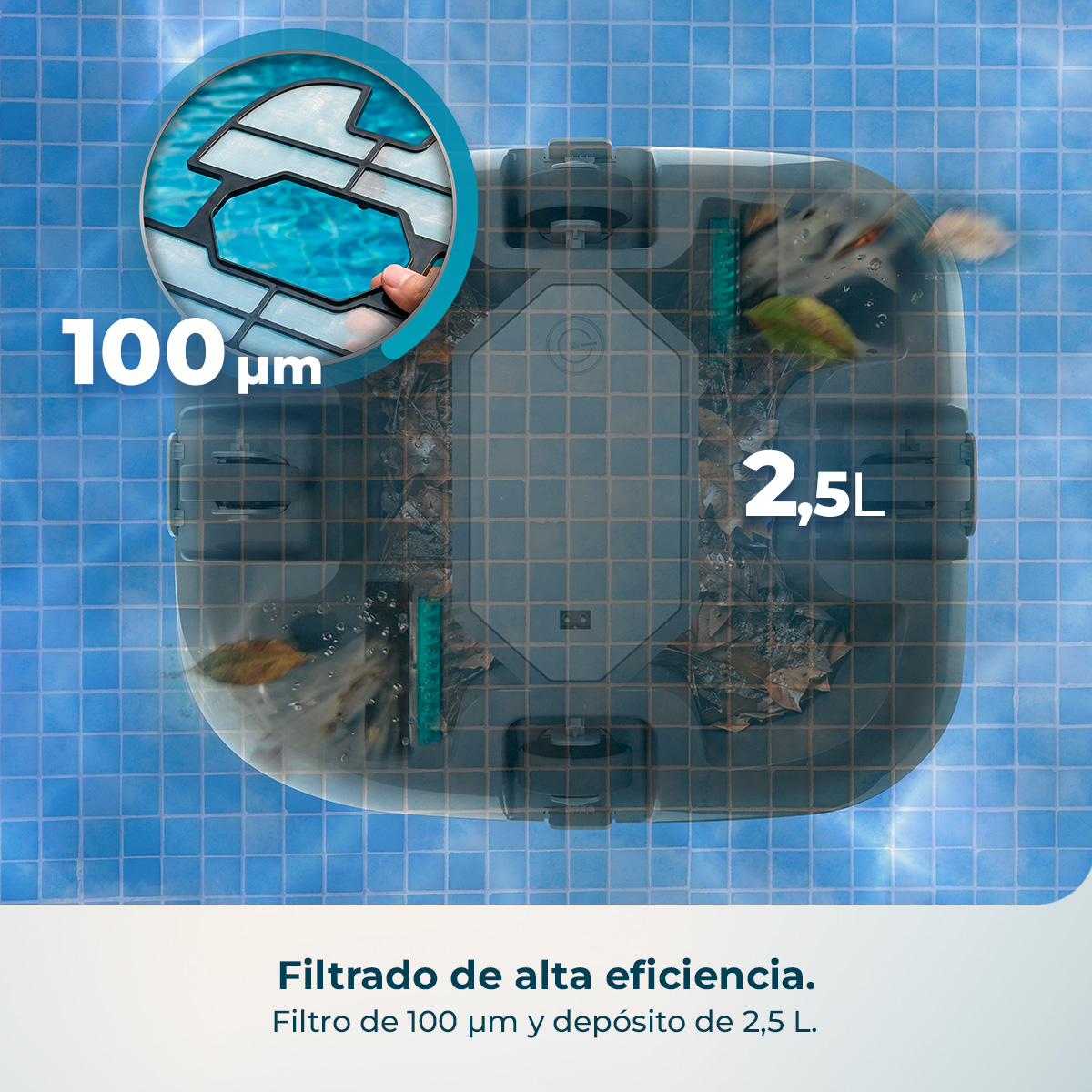 Limpiafondos con filtro de 100 µm y depósito de 2,5L, recoge hojas y suciedad.