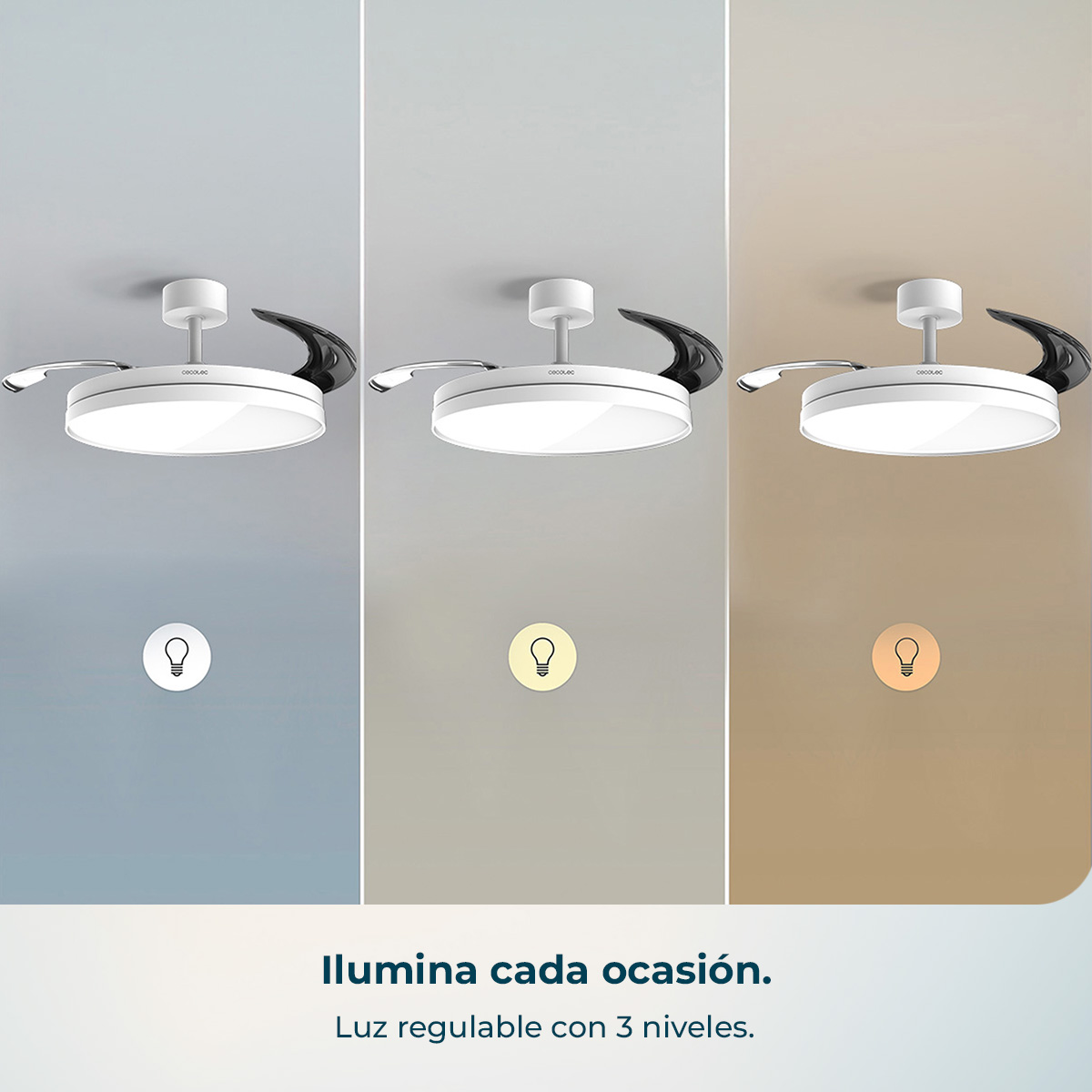 Ventilador de techo con luz en tres temperaturas de color: azul, amarillo y naranja.