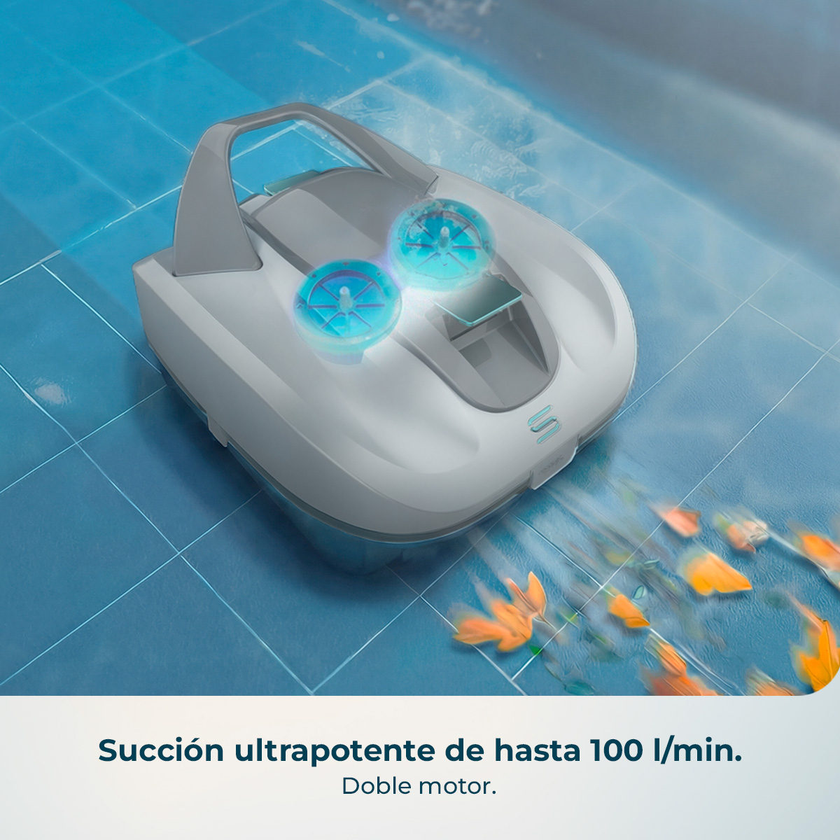 Un limpiafondos aspira hojas en un suelo de baldosas azules.