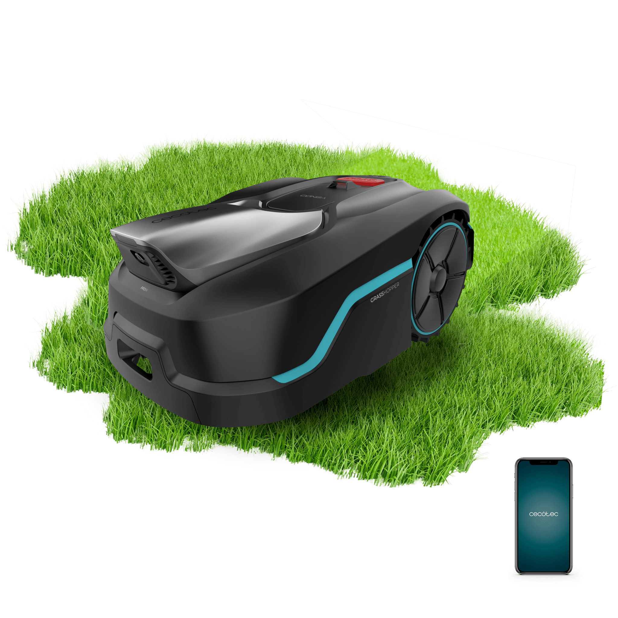 Un robot cortacésped negro con detalles azules sobre césped verde.