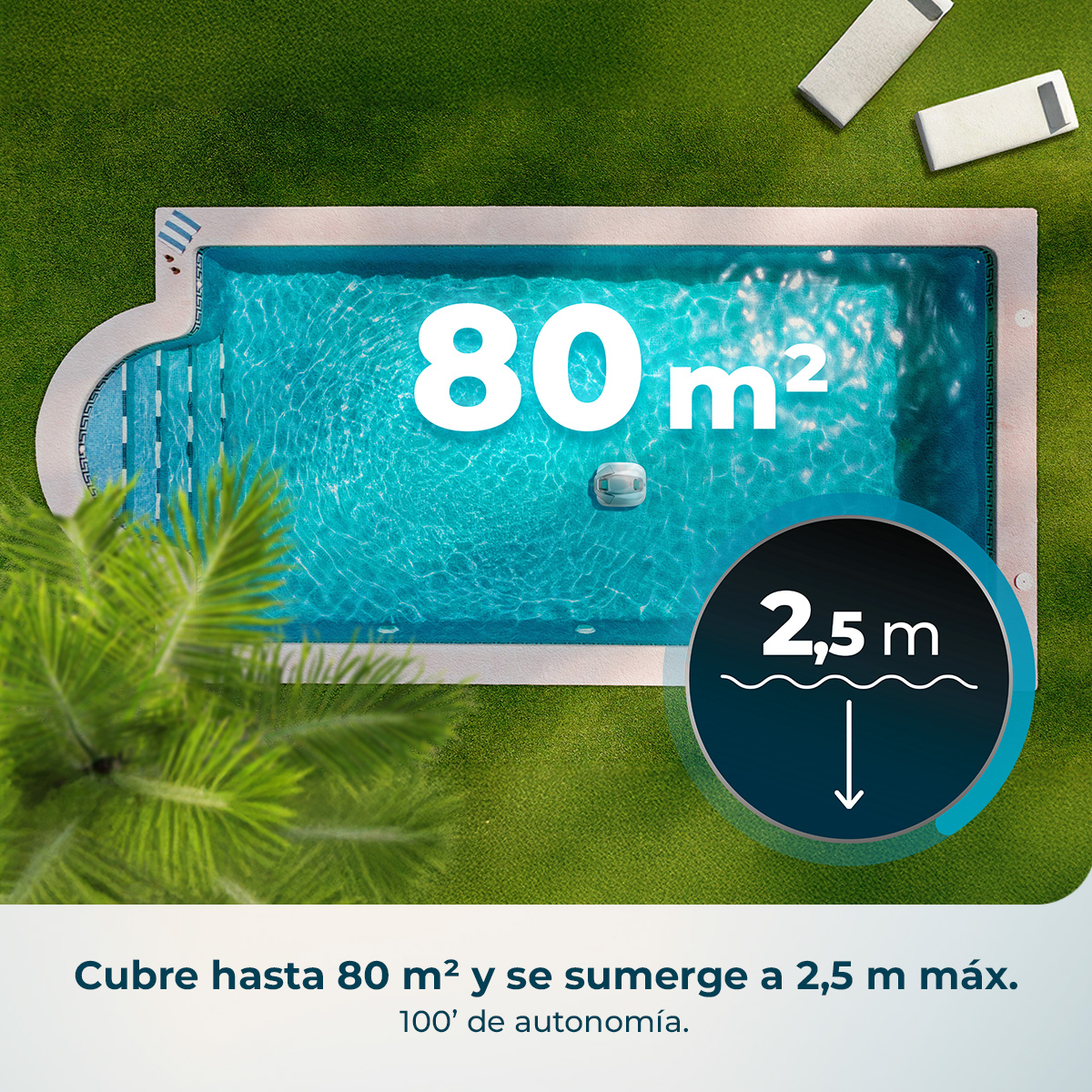 Un limpiafondos en una piscina de 80 m² que llega hasta 2,5 m.